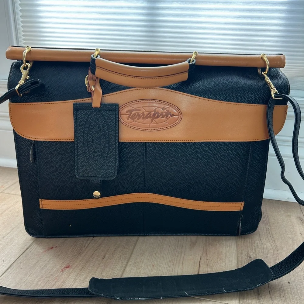 Black and Tan Leather Briefcase with Shoulder Strap